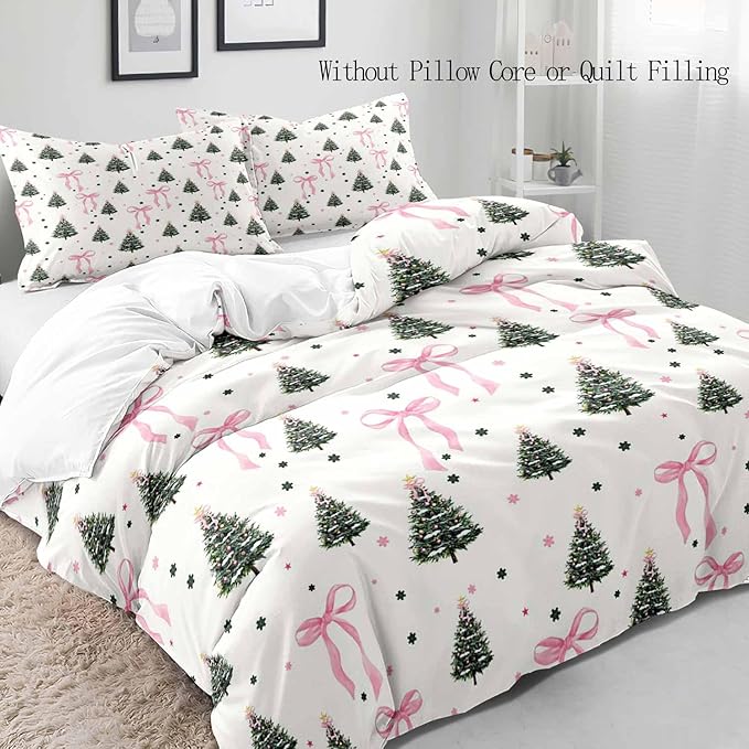 LUVIVIHOME 3PCS Pink Bow Christmas Tree Duvet Cover Queen Bedding Sets, White Duvet Cover, Teen Girls Bedding, Winter Holiday Christmas Comforter Cover, Coquette Room Decor Aesthetic, 2 Pillow Shams