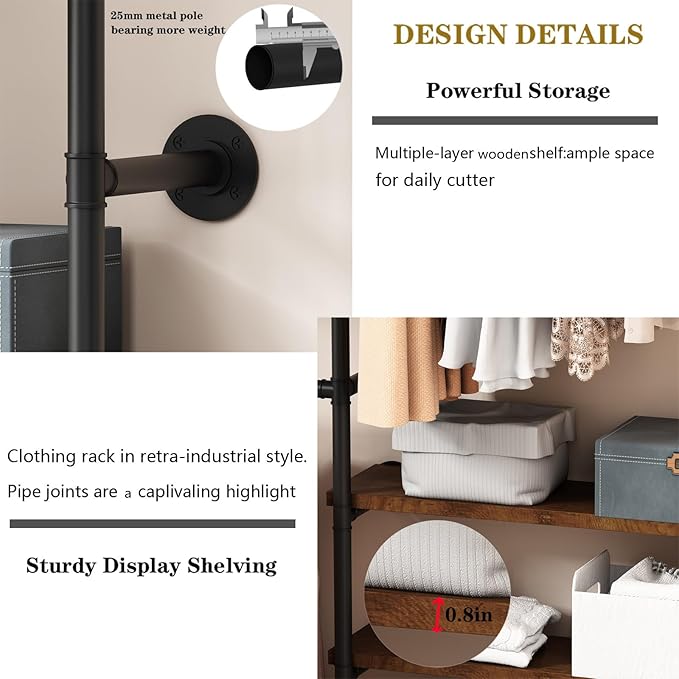 Industrial Pipe Clothing Rack,Wall Mounted Clothies Rack with Shelves, Heavy Duty Closet Organizers Wardrobe Multi-Purpose Storage Clothes Hanging Shelf-94.5''L Black