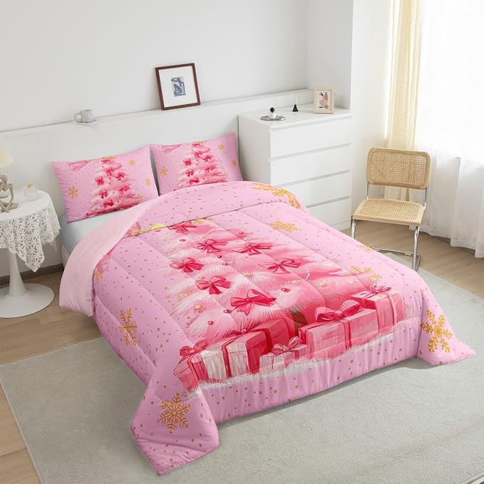 Erosebridal Xmas Tree Full Bedding Sets Merry Christmas Comforter Sets for Kids Boys Girls Teens Snowflake Decorations Down Comforter Princess Bow Pink Decor Duvet Insert