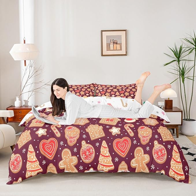 Christmas Duvet Cover Boys Christmas Gingerbread Man Bedding Set for Kids Teens Ultra Soft Snowflake New Year Comforter Cover Set Xmas Theme Bedspread Cover Room Decor King Size Bedclothes Zipper