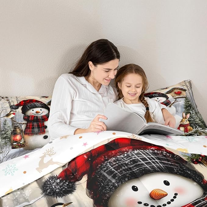 Kawaii Snowman Girls Bedding Set Twin Size,Rabbit Bird Winter Poinsettia Comforter Set,Pine Tree Xmas Animal Snowflake Quilt Comforter Girls Boys Teens,Gray Green Room Decor All Season,1 Pillowcase