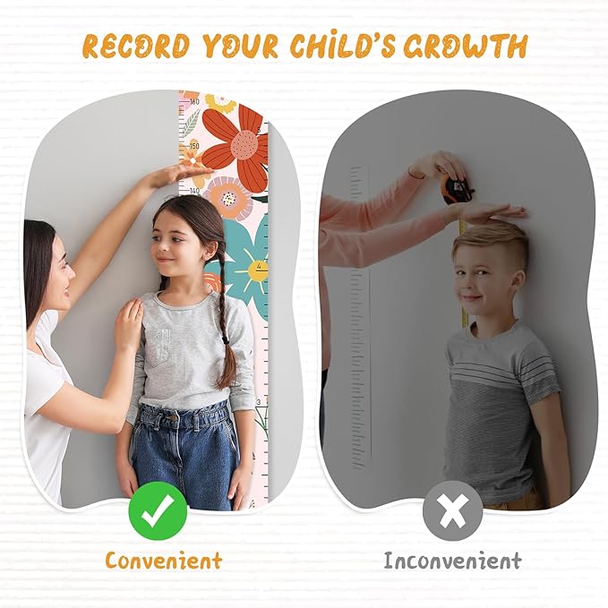 Personalized Name Growth Chart for Wall, Painted Flowers Canvas Height Chart for Kids Baby Child Toddler, Canvas Growth Chart for Wall Nursery Decor, Hangable & Waterproof