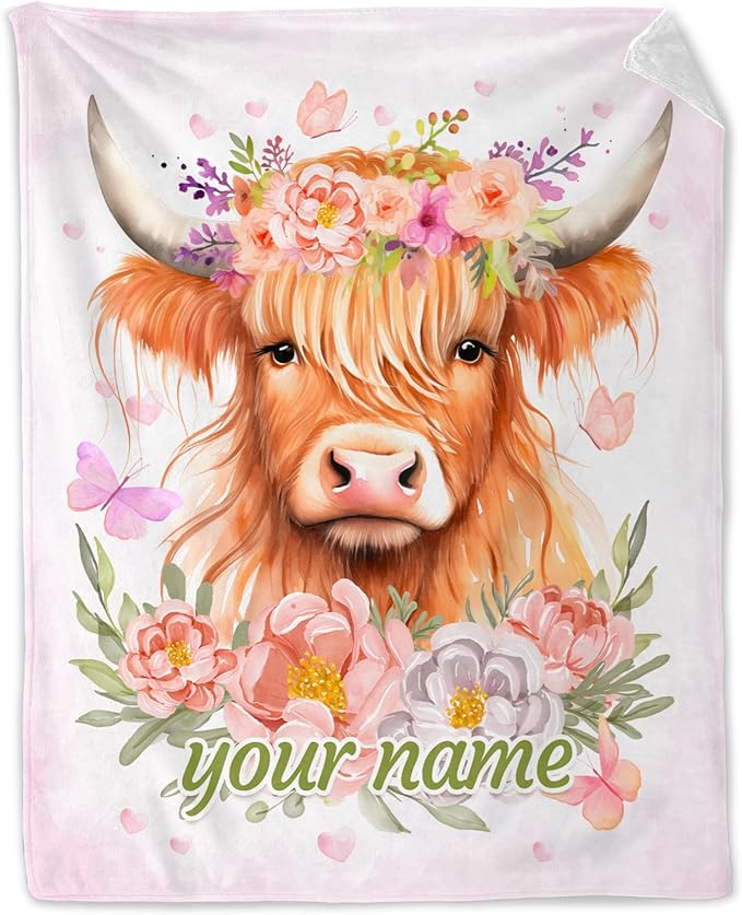 Custom Highland Cow Throw Blanket for Boys, Girls - 40" x 50" Inches Cute Highland Cow Blanket Gifts for Kids - Pink Soft Warm Throw for Sofa, Crib & Bed