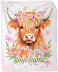 Personalized Highland Cow Gifts for Kids - 30" x 40" Inches Cute Highland Cow Throw Blanket for Girls Boys - Pink Warm Cozy Blankets for Sofa, Lap & Office