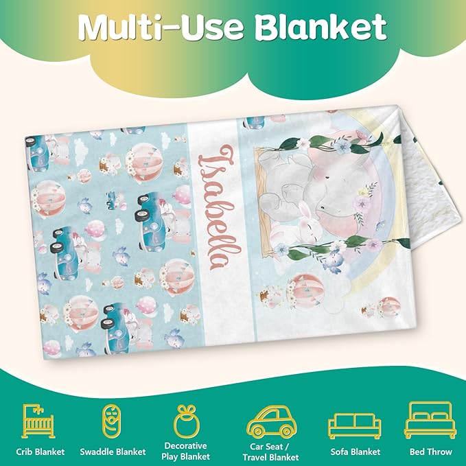 Custom Safari Animals Blanket Gift, Personalized Baby Blanket with Name, Soft Plush Flannel/Sherpa Fleece Throw Blankets for Toddler Kid Teen Boys Girls Color12