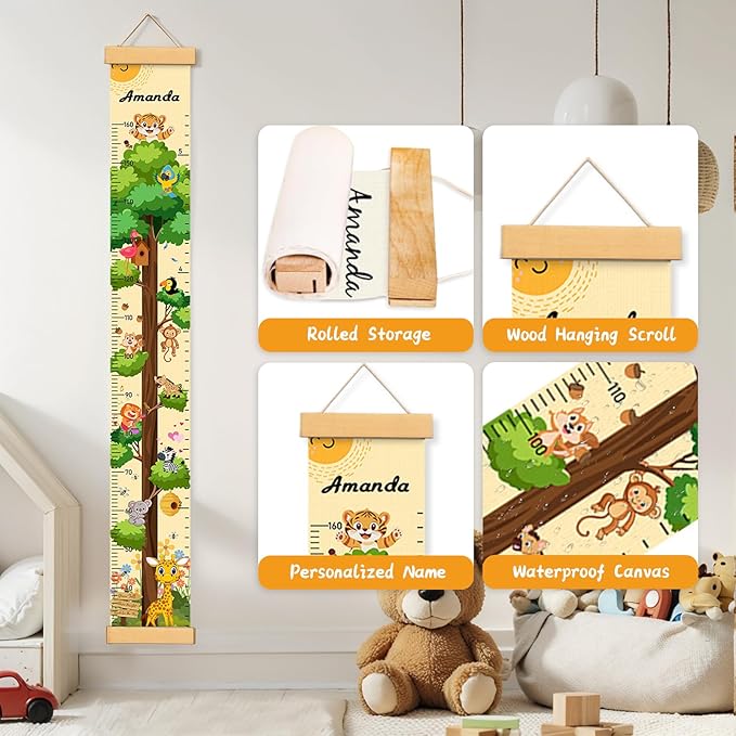 Personalized Name Growth Chart Wall Decor for Kids – Canvas Removable Height Chart Measuring Ruler 59" x 7.9" (Paint Big Trees and Animals)
