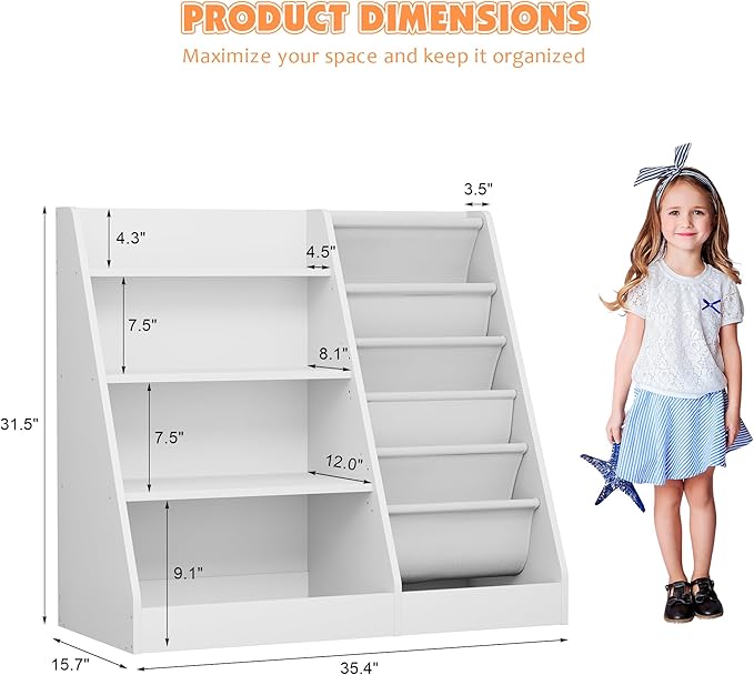 NACHES Montessori Kid Bookshelf White Toddler Bookcase Cabinet Children Book Rack Display Toy Storage Organizer 4 Tier 5 Sling Deep Sleeves Classroom Bedroom Nursery Playroom Wood (White)