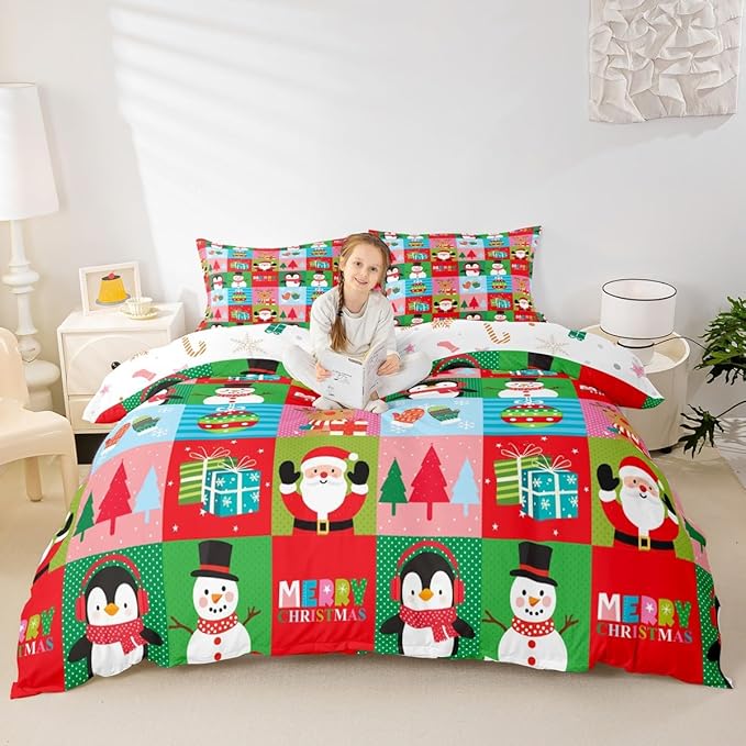 Christmas Bedding Set for Kids Boys Girls Santa Claus Christmas Tree Comforter Cover Set Colorful Geometric Grid Duvet Cover Bedroom Decor Xmas Theme Bedspread Cover King Size Bedding Collection 3Pcs