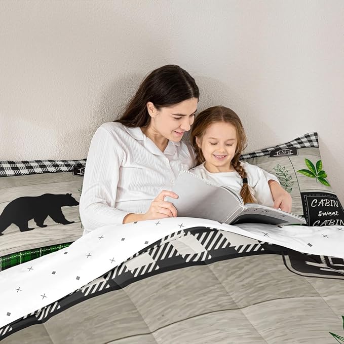 Bear Silhouette Kids Comforter Set Twin Size,Leaves Wooden Plank Bedding,Girls Boys Adults Bedroom/Xmas Cabin Decor,Geometric Grids Retro Down Comforter,Rustic Farmhouse Duvet Insert,1 Pillowcase