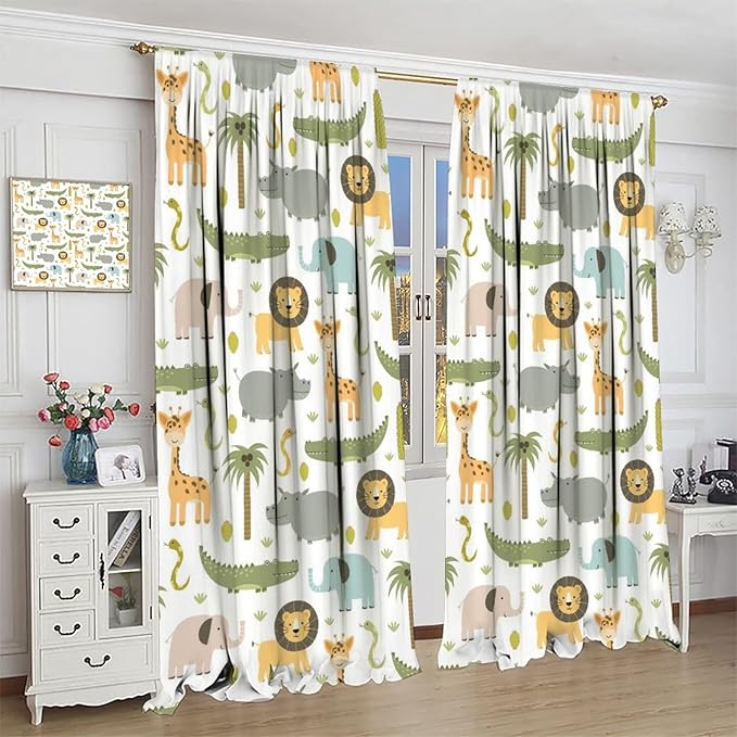 Nursery Safari Animals Window Curtains,Cartoon Woodland Jungle Forest Lion Elephant Giraffe Printed Pattern Blackout Drapes for Living Room Baby Boy Kids Bedroom 42x63in