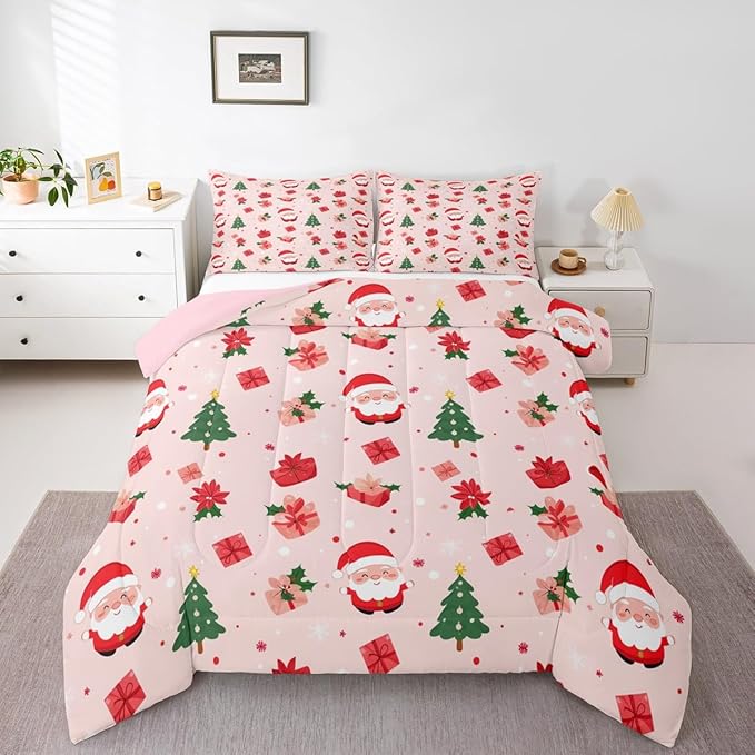 Feelyou Christmas Decor Bedding Set Soft for Boys Girls, Santa Claus Comforter Set Toddler Size Xmas Duvet Quilt Microfiber Christmas Decor Bedroom Decor 2 Pcs with 1 Pillow Cases