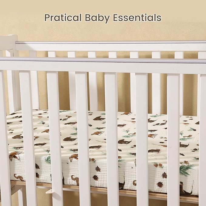 david's kids Muslin Mini Crib Sheets, 2 Pack Cotton Pack N Play Sheets for Boys, Soft Breathable Baby Sheets Fit Pack N Play, Playard and Mini Crib Mattresses, Woodland Animal