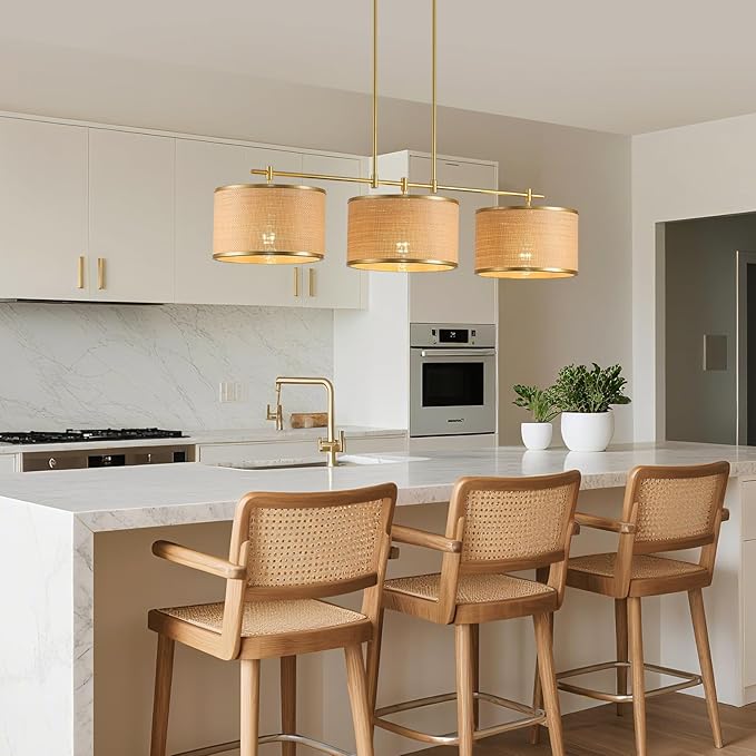 41" Dining Room Light Fixtures Over Table with 3-Light Island Lights for Kitchen,Boho Large Linear Chandelier,Gold Drum Woven Rattan Chandelier（Height Adjustable）