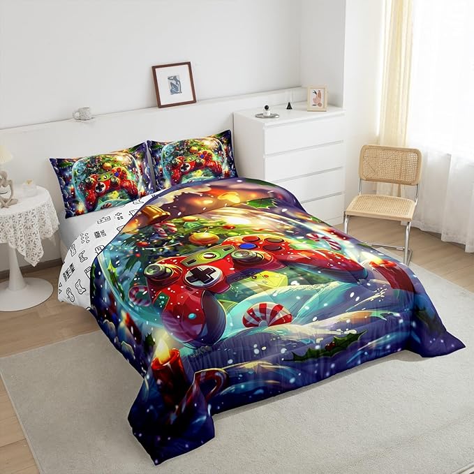 Video Games Kids Comforter Set Twin Size,Christmas Tree Snowflake Bedding Set for Boys Girls Room Decor,Merry Christmas Gamer Quilt Set 2Pcs,Xmas Red Gamepad Microfiber Duvet Insert,1 Pillowcase