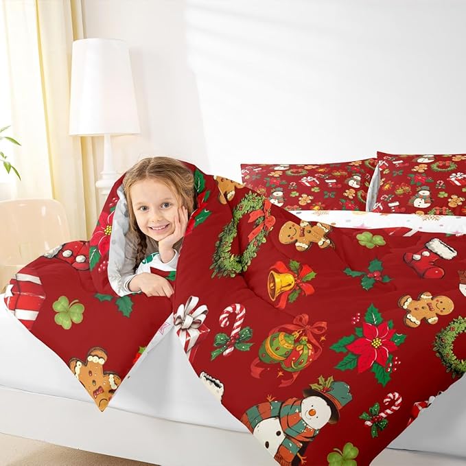 jejeloiu Merry Christmas Comforter Set Toddler Size Cute Snowman Bedding Set for Kids Boys Girls Gingerbread Man Duvet Quilt Red Bedroom Decor