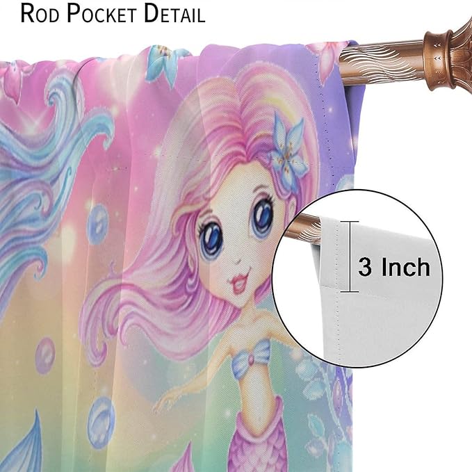 Cartoon Mermaid Kids Curtain Fantasy Ocean Theme Coral Flower Floral Window Treatment for Kids Girls Bedroom Nursery Room Decor Rod Pocket Blackout Window Drapes 63x72in