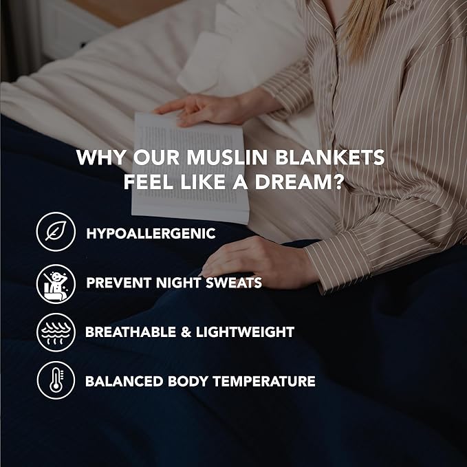 Goqan Muslin Blanket King Size 90x108 – 100% Cotton 4 Layer Boho Muslin Blanket for Adults, Lightweight, Soft, Breathable for Bed, Couch - Navy