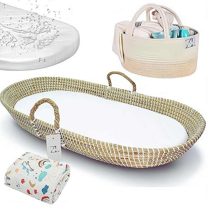ZEAL'N LIFE Seagrass Baby Changing Basket, Diaper Basket, Baby Towel & Baby Changing Pad and Waterpoof Cover, Premium Handmade Seagrass, Moses Baskets for Newborn (Light Brown)