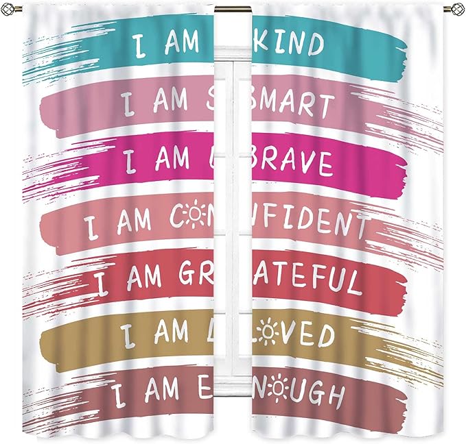 Rainbow Curtains for Classroom, Kids Girls Baby Boho Cute Inspirational Motivational Quotes Cartoon Colorful Pastel Nursery Classroom Bedroom Living Room Bathroom Window Drapes 2 Panels, 42"x45" Inch