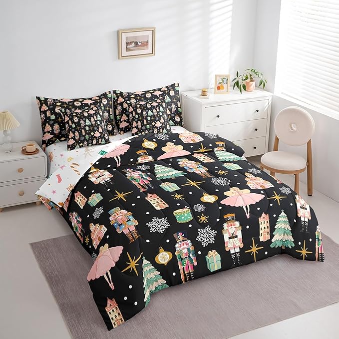 Erosebridal 7Pcs Black Christmas Comforter Set Queen Size,Nutcracker Bedding Set,Xmas Snowflake Stars Bed in A Bag,Romantic Princess Castle Quilt with Flat Fitted Sheet