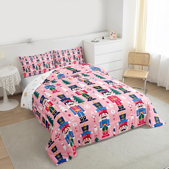Feelyou Cute Nutcracker Kids Comforter Set Queen Christmas Tree Bedding Set Xmas Snowflake Duvet Quilt for Kids Boys Girls Bedroom Colorful Soldier Decor Candy-Cane Designs Microfiber Soft Breathable