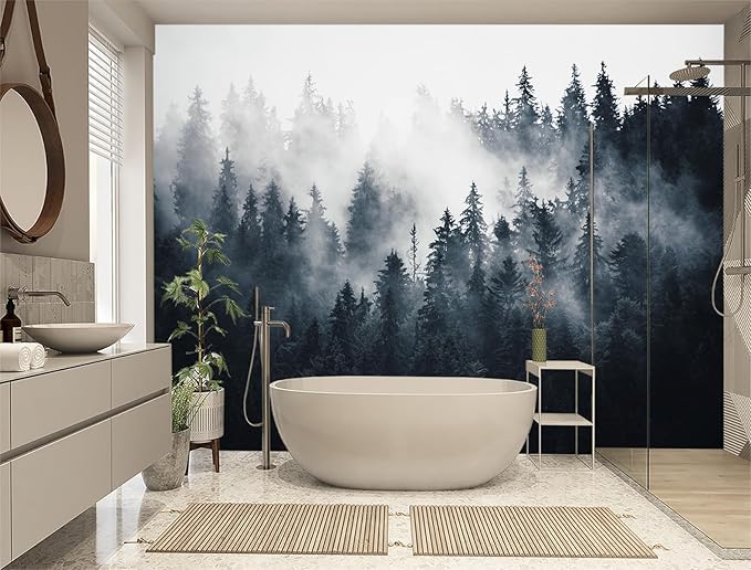 XMPMBM-Misty Forest Fabric Wallpaper Pine Forest Living Room Bedroom Bathroom Wall Mural-W 88" X H 59"（36 Square Foot）