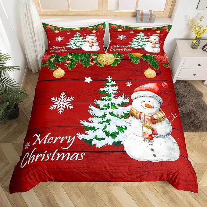 Manfei Christmas Duvet Cover Set Full Size, Cute Snowman Tree Print Comforter Cover with 2 Pillowcases, New Year Theme Rustic Style Xmas Bedding Set 3pcs for Kids Boys Girls Bedroom Decor,No Comforter