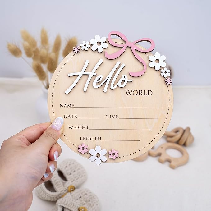 Wooden Baby Announcement Sign 6 Inch Round Birth Stat Plaque with Floral and Bow Design (Hello World)