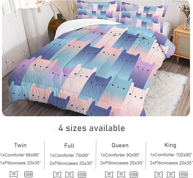 Cat Comforter Set Full: Kawaii Gradient Cats Print Bedding Set Full Size for Teen Girls Kids Room Decor Blue Pink Cute Kittens Quilt Bed Sets 1 Comforter & 2 Pillowcases