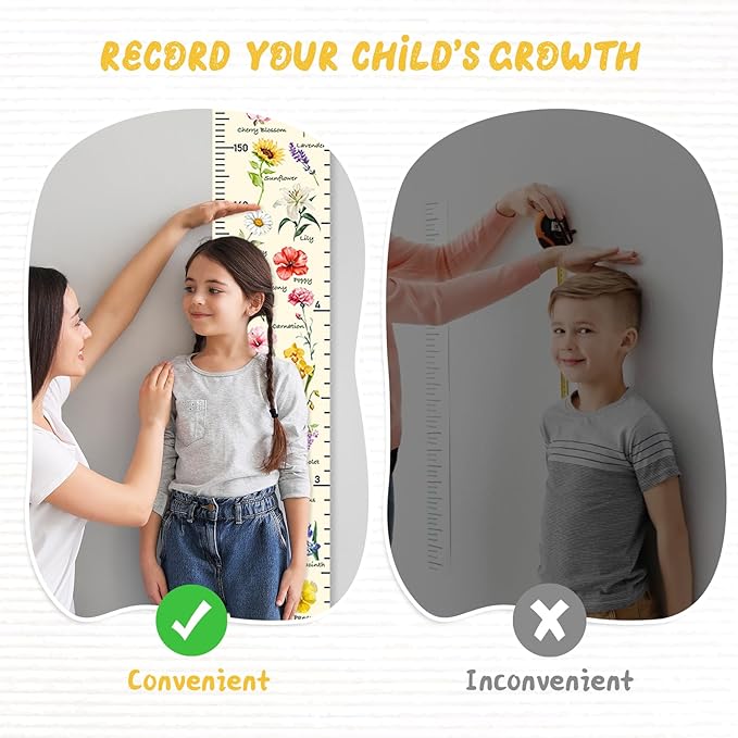 Personalized Name Height Chart for Kids, Kids Growth Chart for Wall, 59" X 7.9" Canvas Removable Height Chart Measuring Ruler for Kids & Baby(Paint Flowers-1）