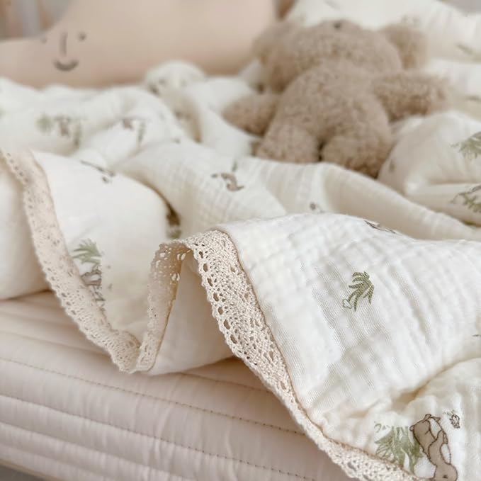 BuLuTu Cartoon Bunny Gauze Toddler Quilt Kids Blankets for Girls Boys, Soft Breathable Cotton Muslin Kids Comforter Quilted Blanket with Cute Rabbit Pattern, 47"x59", No Pillow