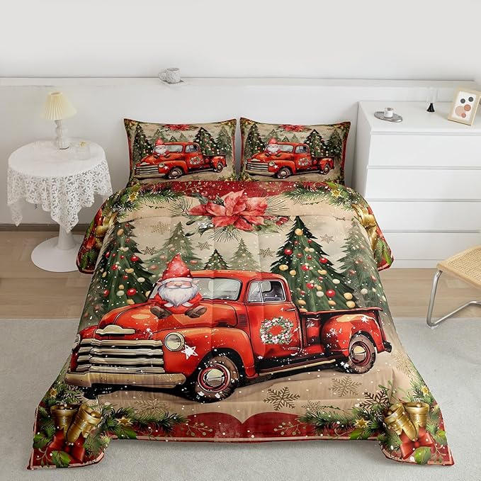 Manfei Red Truck Comforter Set Full Size, Xmas Trees Santa Claus Snowflake Bedding Set 3pcs for Kids Boys Girls Room Decor, Christmas Theme Down Comforter New Year Quilt Set with 2 Pillowcases
