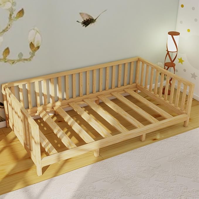 Montessori Floor Bed Designed with Open Front and Footed Model for Girls and Boys | Pine Wood Natural Solid Frame Bed with Slats | Sturdy Designed Floor Beds Frame for Kids (Twin, Height : 23 Inches)