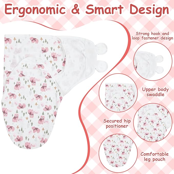 Ramede 6 Pack Preemie Swaddle Blanket with Hats Sleep Swaddle for Baby Boy Girl Preemie Newborn Sacks Soft Cotton Wearable(Bear,Pink)