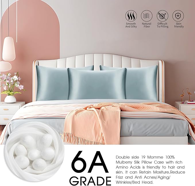 100% Mulberry Silk Zippered Bed Pillowcase for Hair and Skin,Zip Up Real Silk Large Pillow Case,19 Momme Grade 6A,1pc,Pale Blue,Super King Size 20x36 Inches
