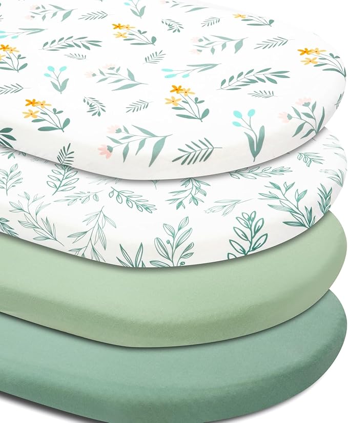 4 Pack Sage Green Fitted Nursery Sheets Breathable Neutral Unisex Baby Sheets for Boys or Girls with Leaf and Flower Design (Bassinet)