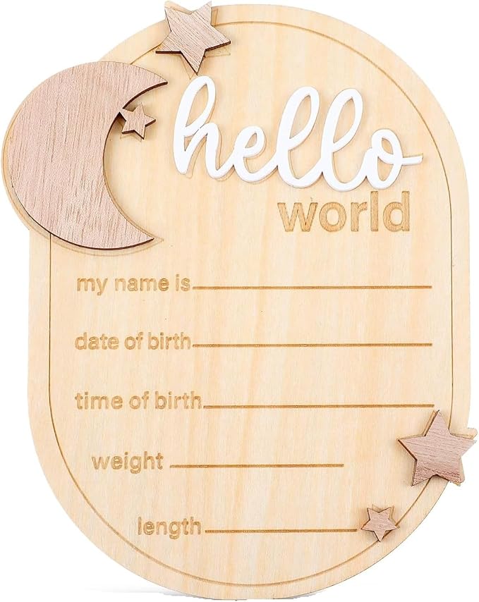 1Pcs Baby Announcement Sign, Moon And Stars Hello World Newborn Welcome Sign Birth Name Plaques for Photo Props Baby Shower Hospital Nursery