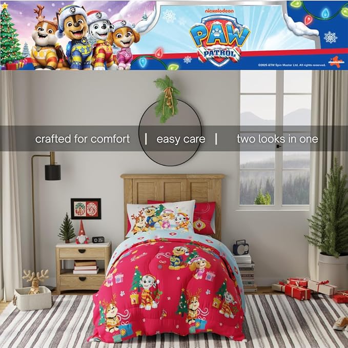 PAW Patrol Holiday & Christmas Kids Bedding Soft Comforter and Sheet Set with Sham, 5 Piece Twin Size, (Officially Licensed Product) by Franco