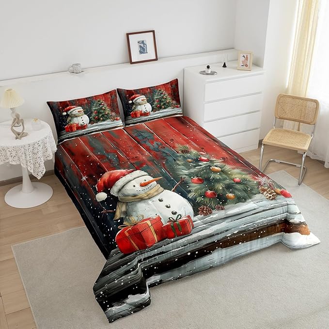Merry Christmas Comforter Set Twin Size,Snowman Christmas Tree Bedding Set for Kids Boys Girls Room Decor,Snowflake Winter Theme Quilt Set 2Pcs,Retro Rustic Barn Stripes Duvet Insert,1 Pillowcase