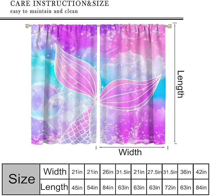 Suitable for Girls Mermaid Curtains, Rainbow Pink Purple Mermaid Tail Fish Scales Fantasy Ocean Print Curtains for Living Room Children Baby Room Nursery, 72x63 Inches