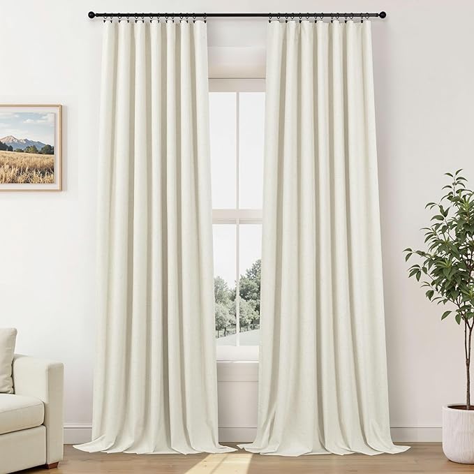 Pitalk Curtains for Living Room 90 Inch Long Blackout Linen Boho Black Out Insulated Thermal Curtains for Winter Sliding Glass Patio Doors 2 Panels Set Pleated Back Tab 42 x 90 in Length Ivory Cream