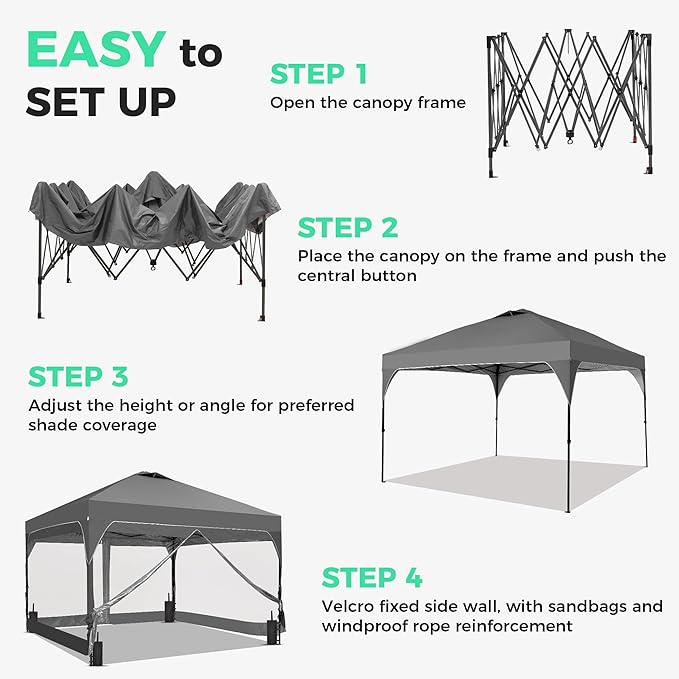 GDY 12x12FT Pop Up Canopy Tent with One Push Setup, Easy Setup Gazebo with 4 PVC Transparent Sidewalls for Events, Parties, Camping, Grey.