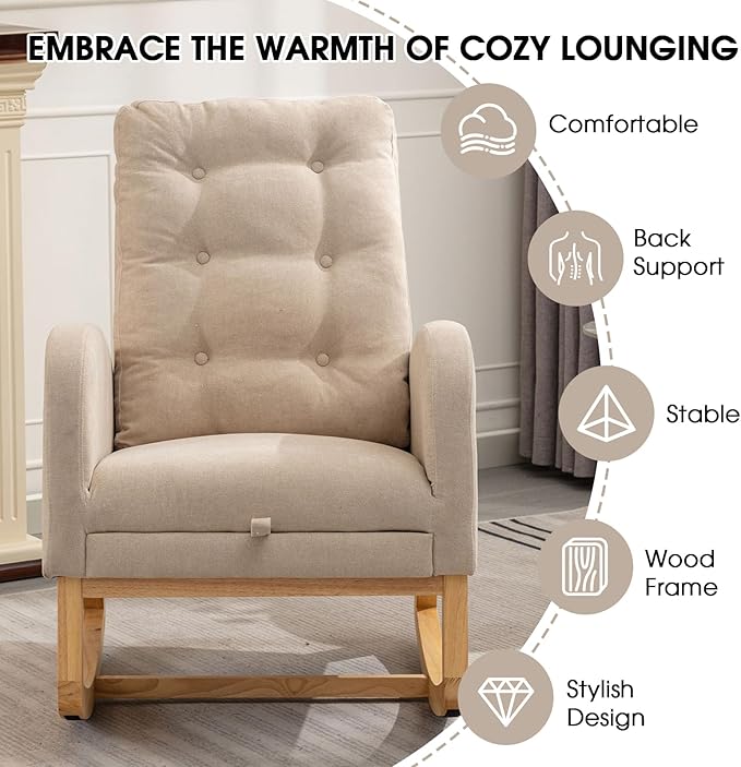 NIOIIKIT Nursery Rocking Chair, Linen Upholstered Glider Chair with Footrest, Tufted Rocker Recliner with Side Pocket, Comfy Recliner Glider, Accent Chair for Living Room (Cream Linen)