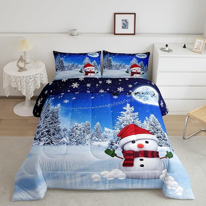 Feelyou Christmas Comforter Set Snowman Decorations Bedding Set for Kids Boys Girls Xmas Winter Decor Blue Quilt Room 3Pcs Queen Size