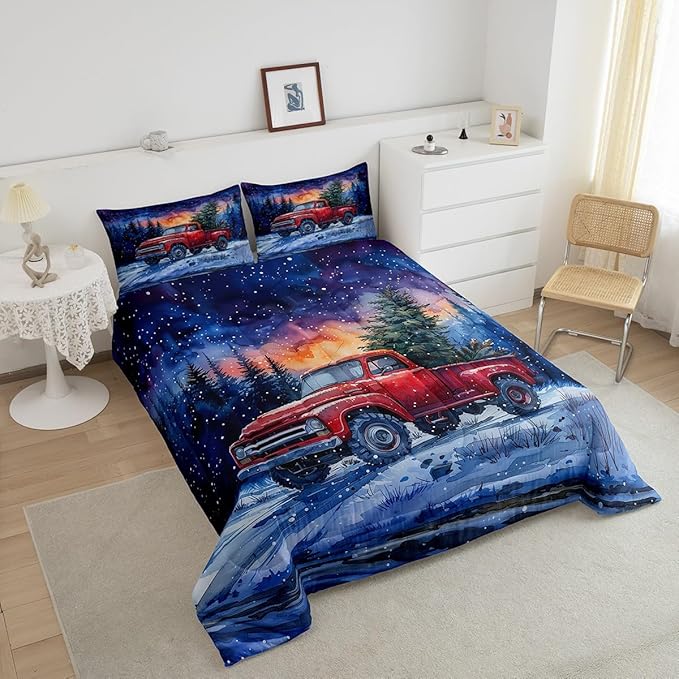 Red Truck Kids Comforter Set Twin Size,Christmas Tree Snowflake Bedding Set for Teens Boys Girls Room Decor,Woodland Nature Scenery Quilt Set 2Pcs,Merry Christmas Theme Duvet Insert,1 Pillowcase