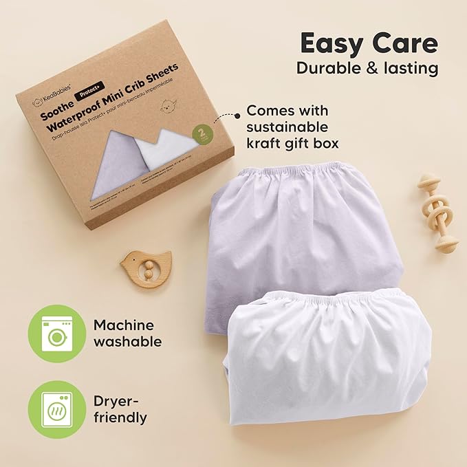 2-Pack Pack and Play Sheets, Waterproof Mini Crib Sheets Fitted - Organic Cotton Pack N Play Sheets for Graco Pack and Play Mattress, Playard Baby Crib Sheets, Neutral for Boy,Girl, Toddler (Lilac)