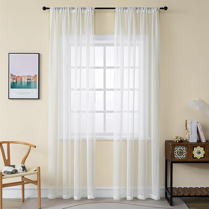 Off White Sheer Curtains 84 Inches Long 2 Panels, 50 Inches Width, Linen Look Transparent Curtain, Rustic Textured Light Filtering Drapes, Rod Pocket Window Treatment