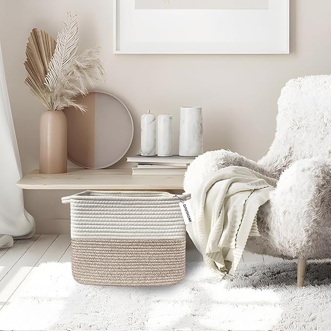 Square Woven Cotton Rope Basket for Organizing, Gift Baskets for Handles, Empty Gift Baskets, Toy Basket for bins|13.5" x 11" x 9.5" home decor for Living Room, Bathroom（White Brown）