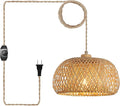 Bamboo Plug in Pendant Light with 14ft Handmade Woven Light Cord, Dimmable Switch, Boho Basket Hanging Lamp for Bedroom Kitchen Island Decor Farmhouse Living Room