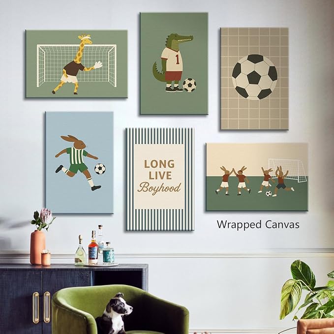 Soccer Posters, Nursery Animal Sports Posters, Long Live Boyhood Inspirational Quote Print, Football Athletes Giraffe Rabbit Crocodile Pictures, Boys Bedroom Sports Artwork 16x24in Framed
